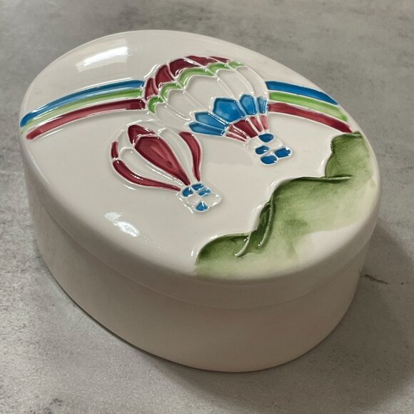Vintage Rosenthal Netter Hot Air Balloon 4.5" Covered Oval Ceramic Trinket Dish - Picture 1 of 8
